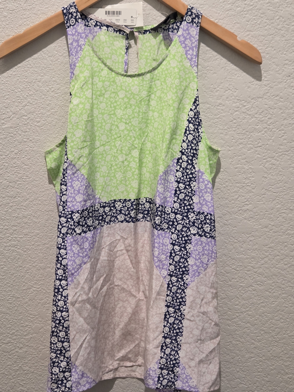 J. Crew Sleeveless Patchwork Top in Lime, Lavender & Navy 100% Silk Size 0 NWT
